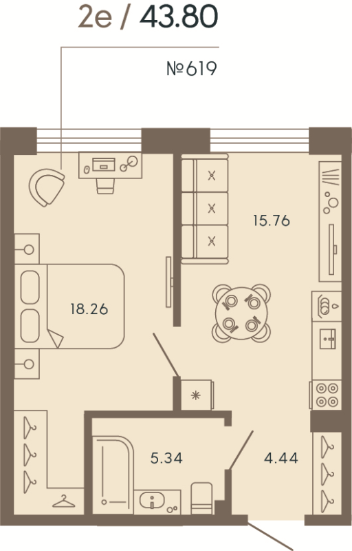 1-комнатная квартира  №619 в 17/33 Петровский остров: 43.8 м², этаж 3 - купить в Санкт-Петербурге