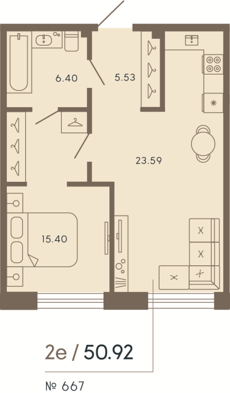 1-комнатная квартира  №667 в 17/33 Петровский остров: 50.92 м², этаж 6 - купить в Санкт-Петербурге