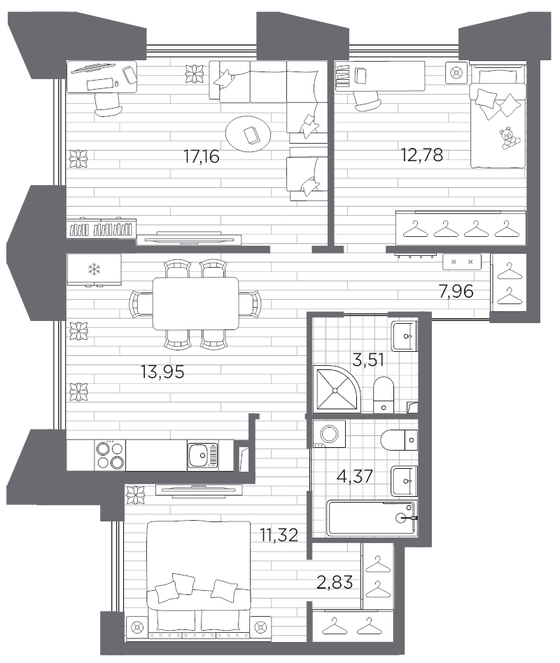 3-комнатная квартира, 73.88 м²; этаж: 11 - купить в Санкт-Петербурге