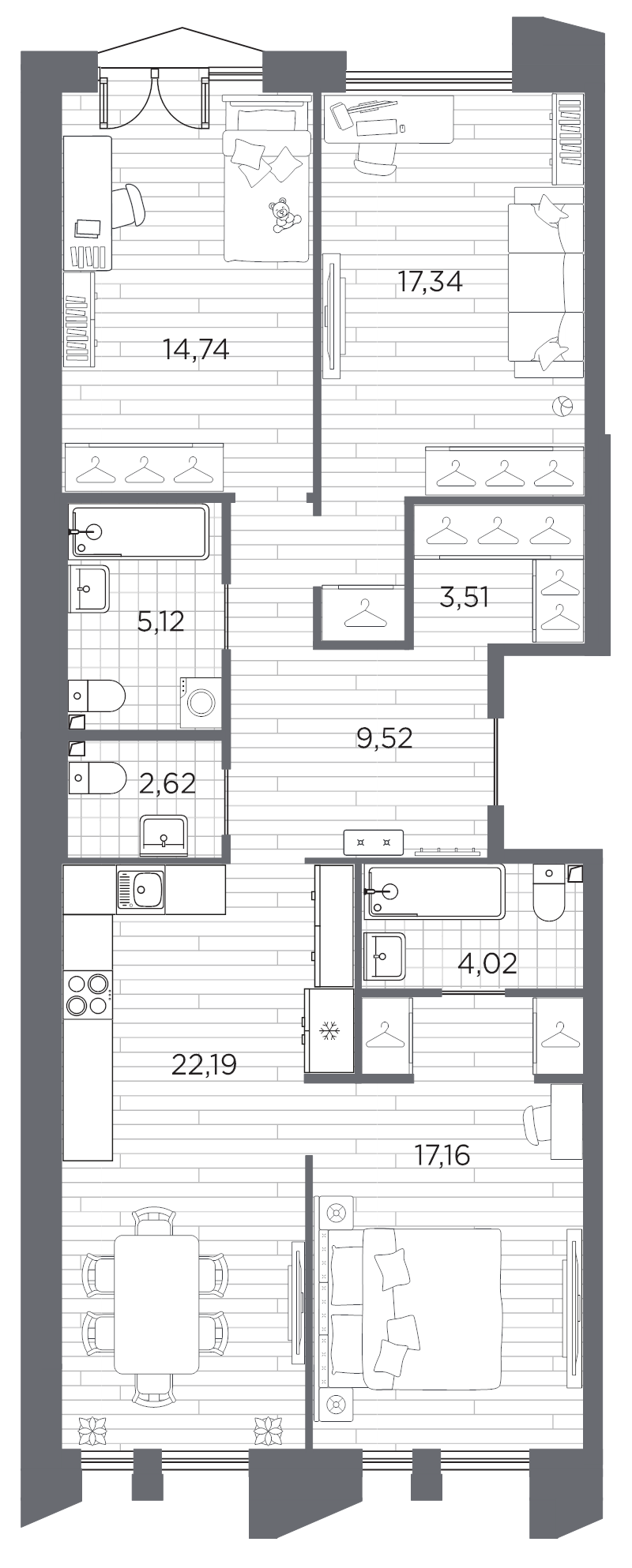 3-комнатная квартира, 96.22 м²; этаж: 7 - купить в Санкт-Петербурге