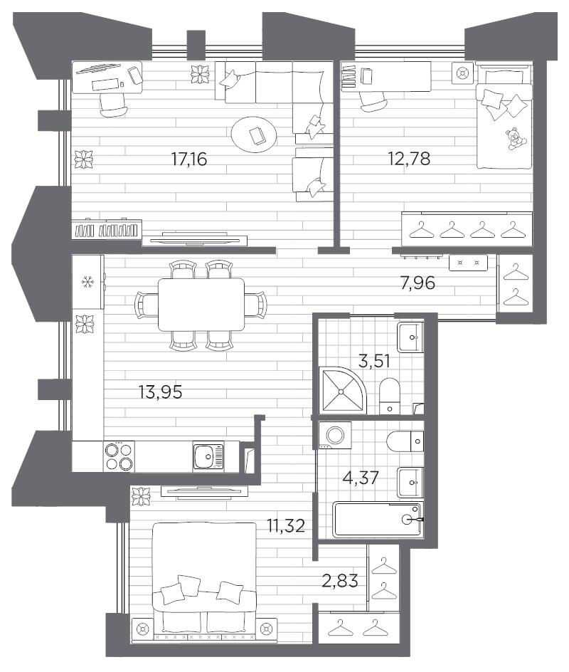3-комнатная квартира, 73.88 м²; этаж: 7 - купить в Санкт-Петербурге