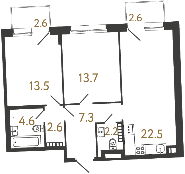 2-комнатная квартира  №47 в Цвет Зеленогорска: 66.4 м², этаж 4 - купить в Санкт-Петербурге