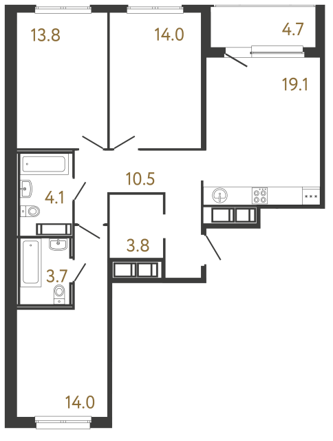 3-комнатная квартира №118 в: Передвижники: 83 м²; этаж: 4 - купить в Санкт-Петербурге