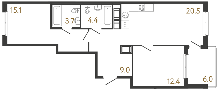 2-комнатная квартира №118 в: Передвижники: 65.1 м²; этаж: 11 - купить в Санкт-Петербурге