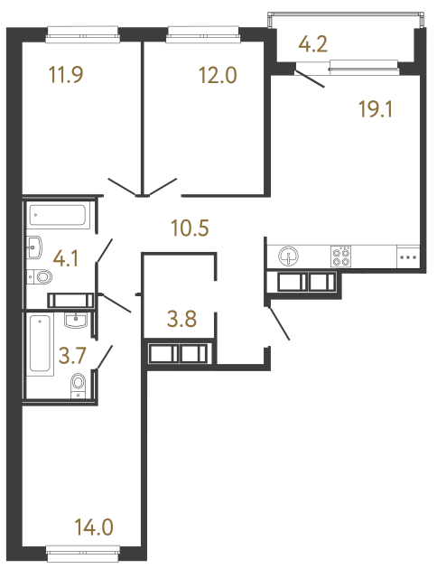 3-комнатная квартира №118 в: Передвижники: 79.1 м²; этаж: 6 - купить в Санкт-Петербурге