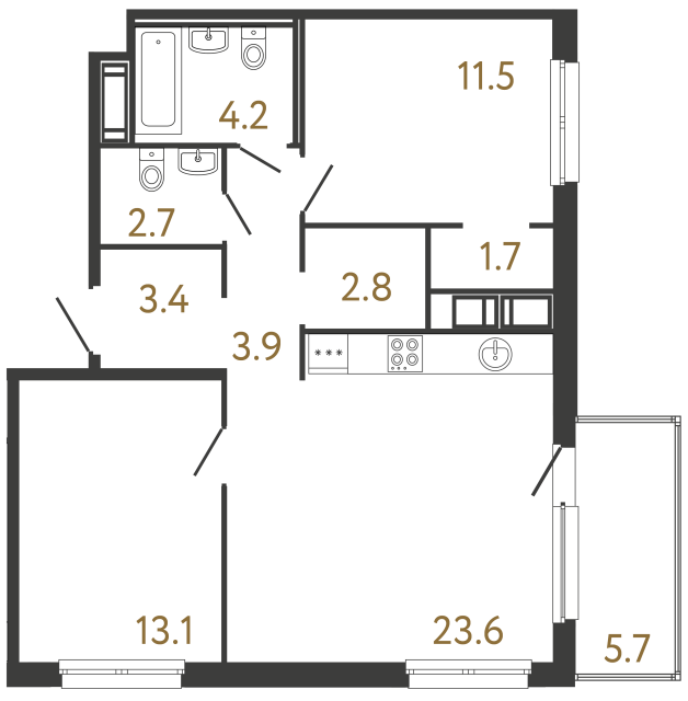 2-комнатная квартира №118 в: Передвижники: 66.9 м²; этаж: 8 - купить в Санкт-Петербурге