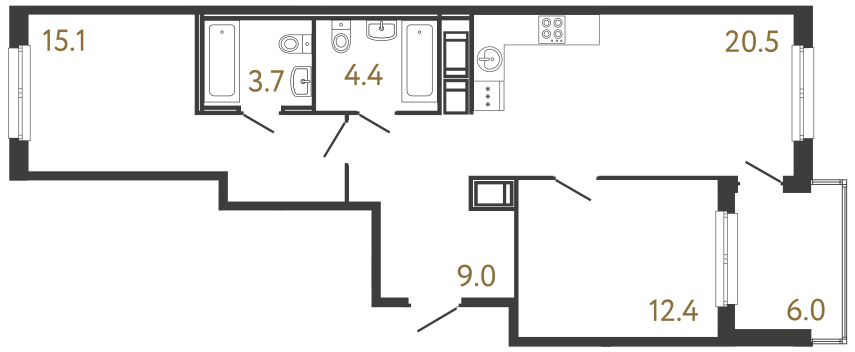 2-комнатная квартира №118 в: Передвижники: 65.1 м²; этаж: 12 - купить в Санкт-Петербурге