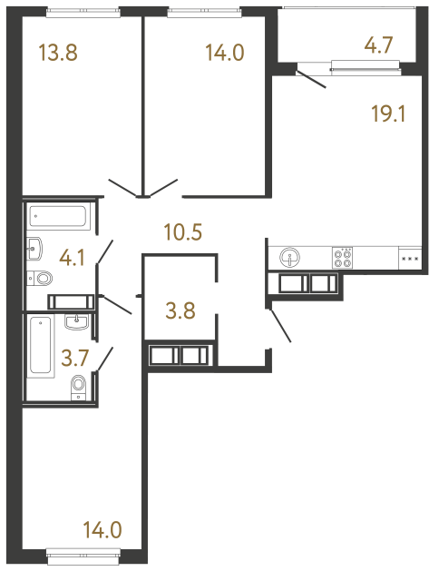 3-комнатная квартира №118 в: Передвижники: 83 м²; этаж: 3 - купить в Санкт-Петербурге