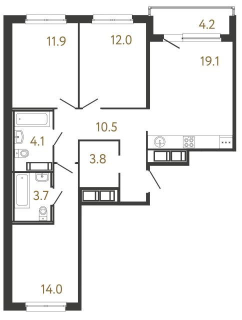 3-комнатная квартира №118 в: Передвижники: 79.1 м²; этаж: 8 - купить в Санкт-Петербурге