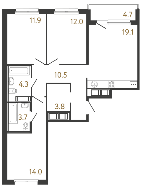 3-комнатная квартира №118 в: Передвижники: 79.3 м²; этаж: 11 - купить в Санкт-Петербурге