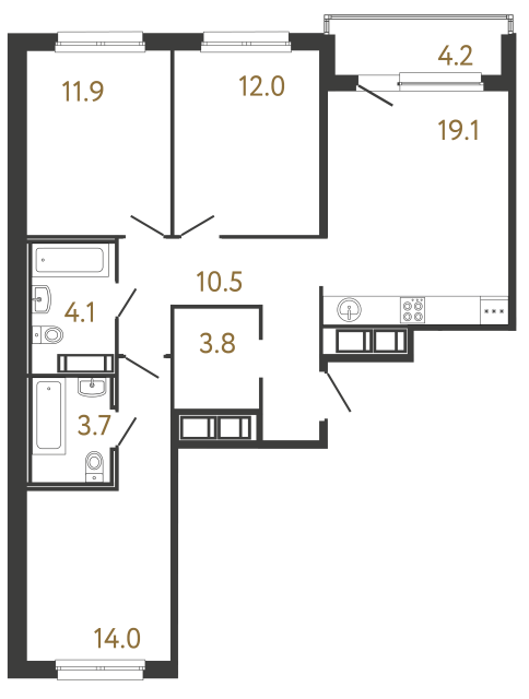 3-комнатная квартира №118 в: Передвижники: 79.1 м²; этаж: 7 - купить в Санкт-Петербурге