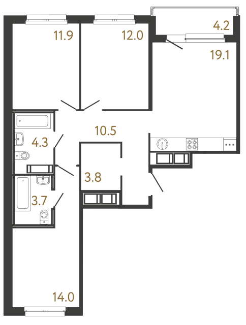 3-комнатная квартира №118 в: Передвижники: 79.3 м²; этаж: 12 - купить в Санкт-Петербурге