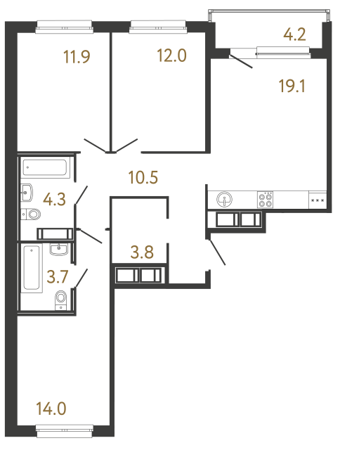 3-комнатная квартира №118 в: Передвижники: 79.3 м²; этаж: 10 - купить в Санкт-Петербурге