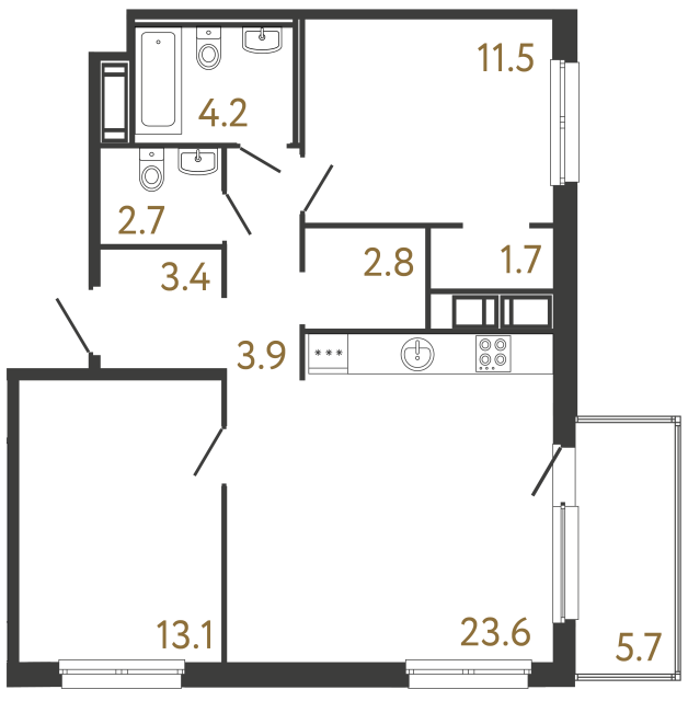 2-комнатная квартира №118 в: Передвижники: 66.9 м²; этаж: 11 - купить в Санкт-Петербурге