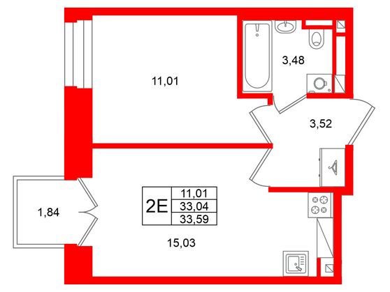 1-комнатная квартира, 33.04 м²; этаж: 3 - купить в Санкт-Петербурге