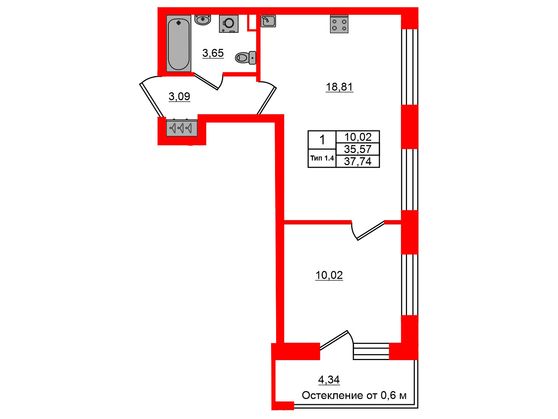 1-комнатная квартира № в: Setl Ривьера: 35.57 м²; этаж: 1 - купить в Санкт-Петербурге