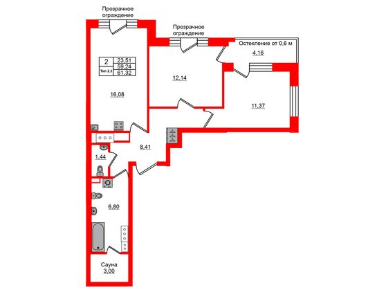 2-комнатная квартира № в: Setl Ривьера: 59.24 м²; этаж: 12 - купить в Санкт-Петербурге