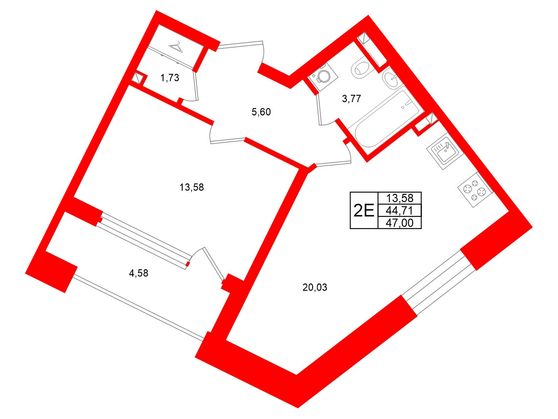 1-комнатная квартира, 44.71 м²; этаж: 2 - купить в Санкт-Петербурге