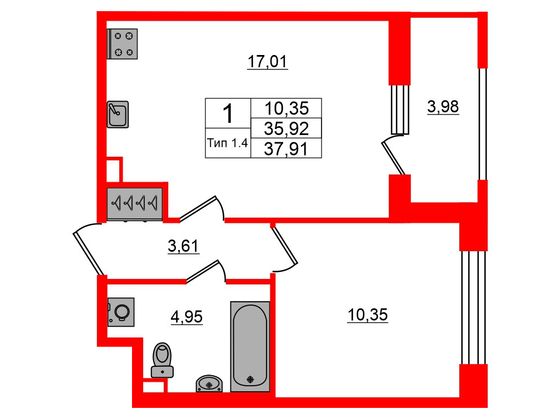 1-комнатная квартира № в: Setl Ривьера: 35.92 м²; этаж: 1 - купить в Санкт-Петербурге