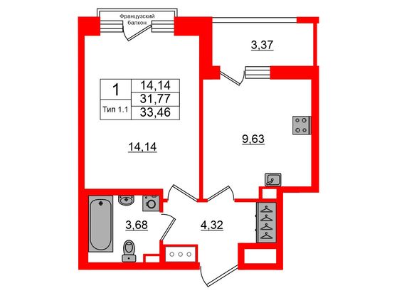 1-комнатная квартира № в: Setl Ривьера: 31.77 м²; этаж: 13 - купить в Санкт-Петербурге