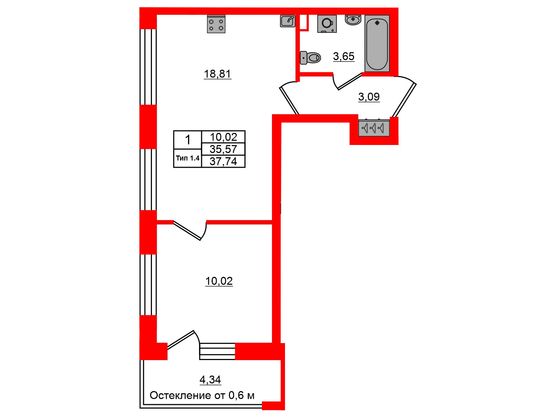 1-комнатная квартира № в: Setl Ривьера: 35.57 м²; этаж: 1 - купить в Санкт-Петербурге