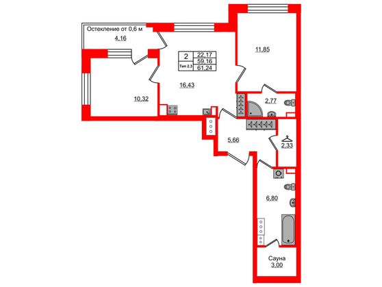 2-комнатная квартира № в: Setl Ривьера: 59.16 м²; этаж: 11 - купить в Санкт-Петербурге
