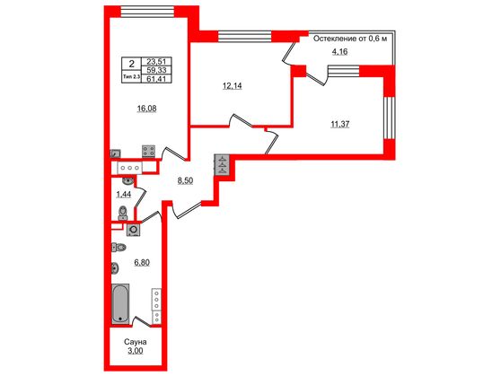 2-комнатная квартира № в: Setl Ривьера: 59.33 м²; этаж: 10 - купить в Санкт-Петербурге