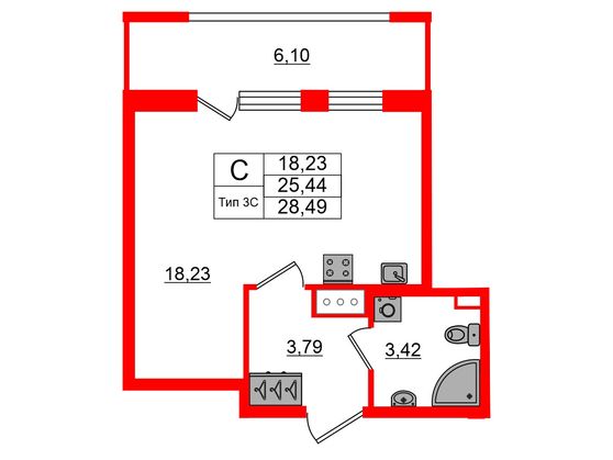 1-комнатная квартира, 25.44 м²; этаж: 10 - купить в Санкт-Петербурге