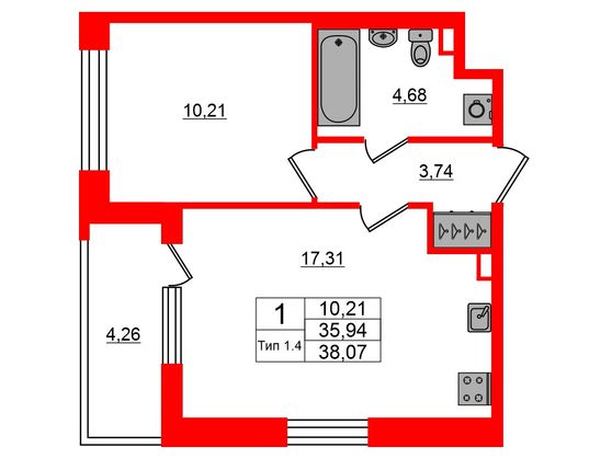 1-комнатная квартира № в: Setl Ривьера: 35.94 м²; этаж: 1 - купить в Санкт-Петербурге