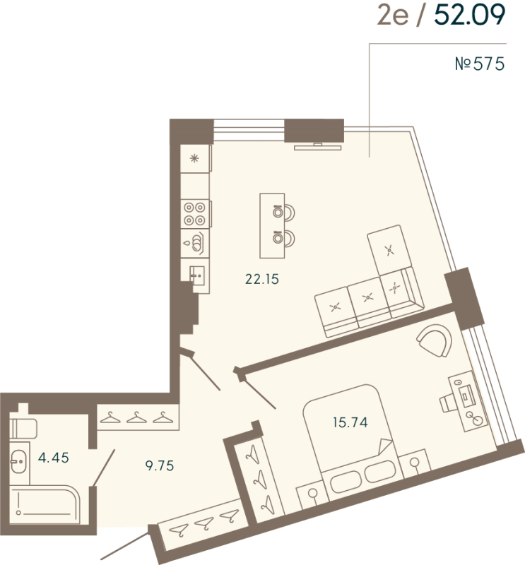 1-комнатная квартира  №575 в 17/33 Петровский остров: 52.09 м², этаж 8 - купить в Санкт-Петербурге