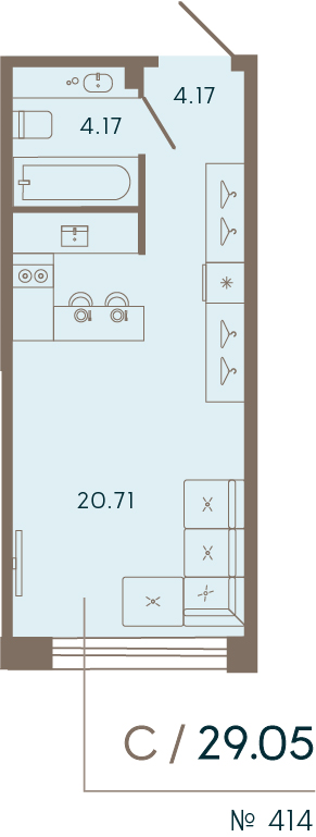 1-комнатная квартира  №414 в 17/33 Петровский остров: 29.5 м², этаж 6 - купить в Санкт-Петербурге