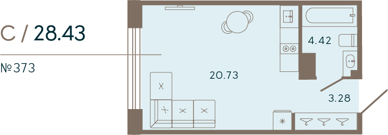 1-комнатная квартира  №373 в 17/33 Петровский остров: 28.43 м², этаж 5 - купить в Санкт-Петербурге