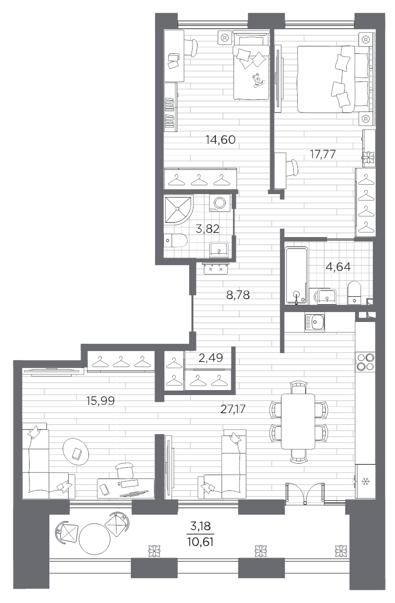3-комнатная квартира  №347 в Галерная гавань: 98.69 м², этаж 11 - купить в Санкт-Петербурге