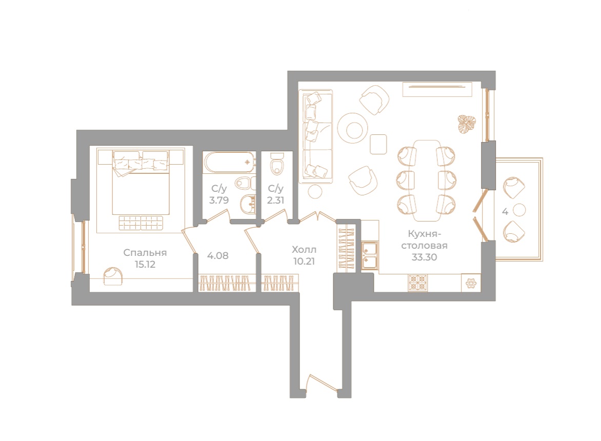 1-комнатная квартира  №48 в Фонтанка, 130: 70.01 м², этаж 4 - купить в Санкт-Петербурге