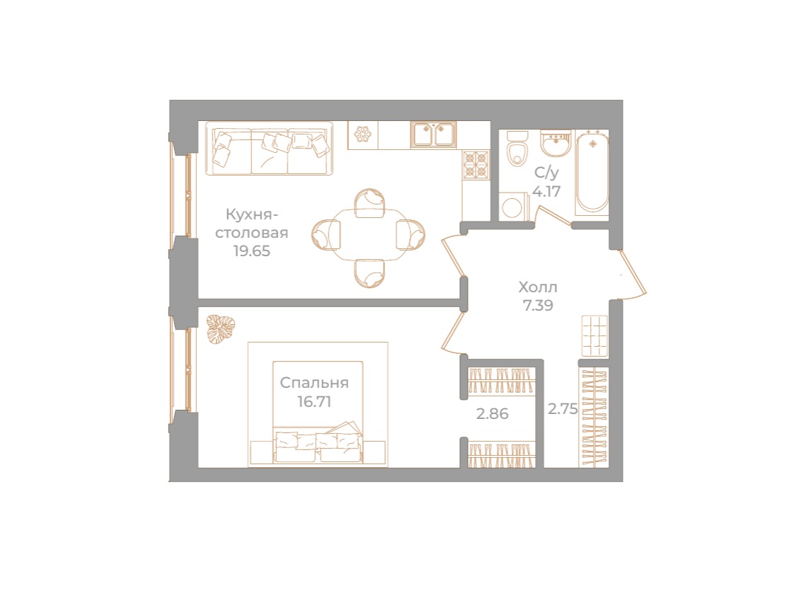1-комнатная квартира №130 в: Фонтанка, 130: 53.53 м²; этаж: 4 - купить в Санкт-Петербурге