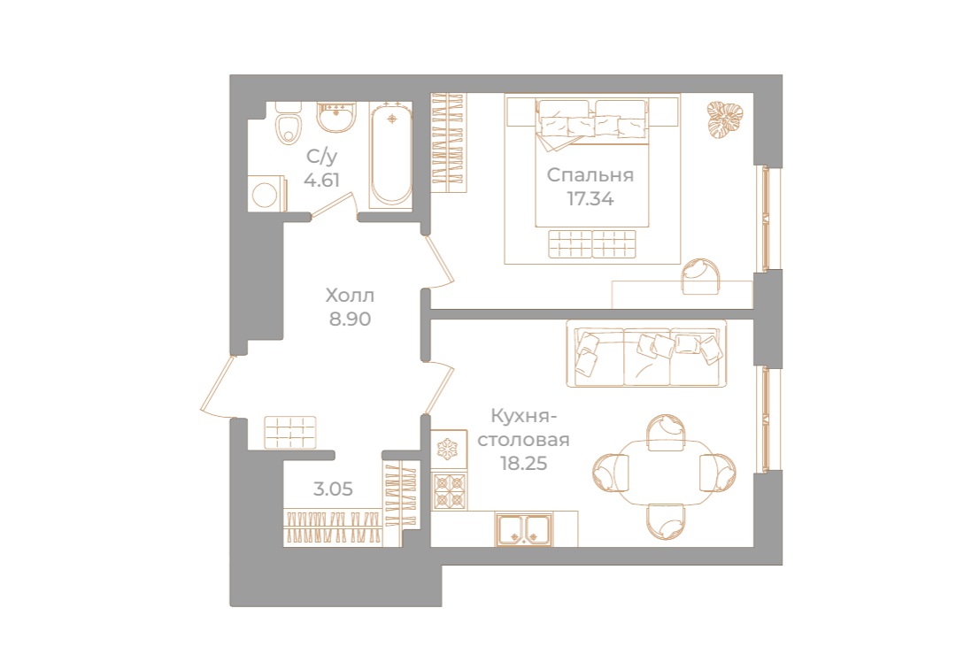 1-комнатная квартира  №85 в Фонтанка, 130: 52.15 м², этаж 2 - купить в Санкт-Петербурге