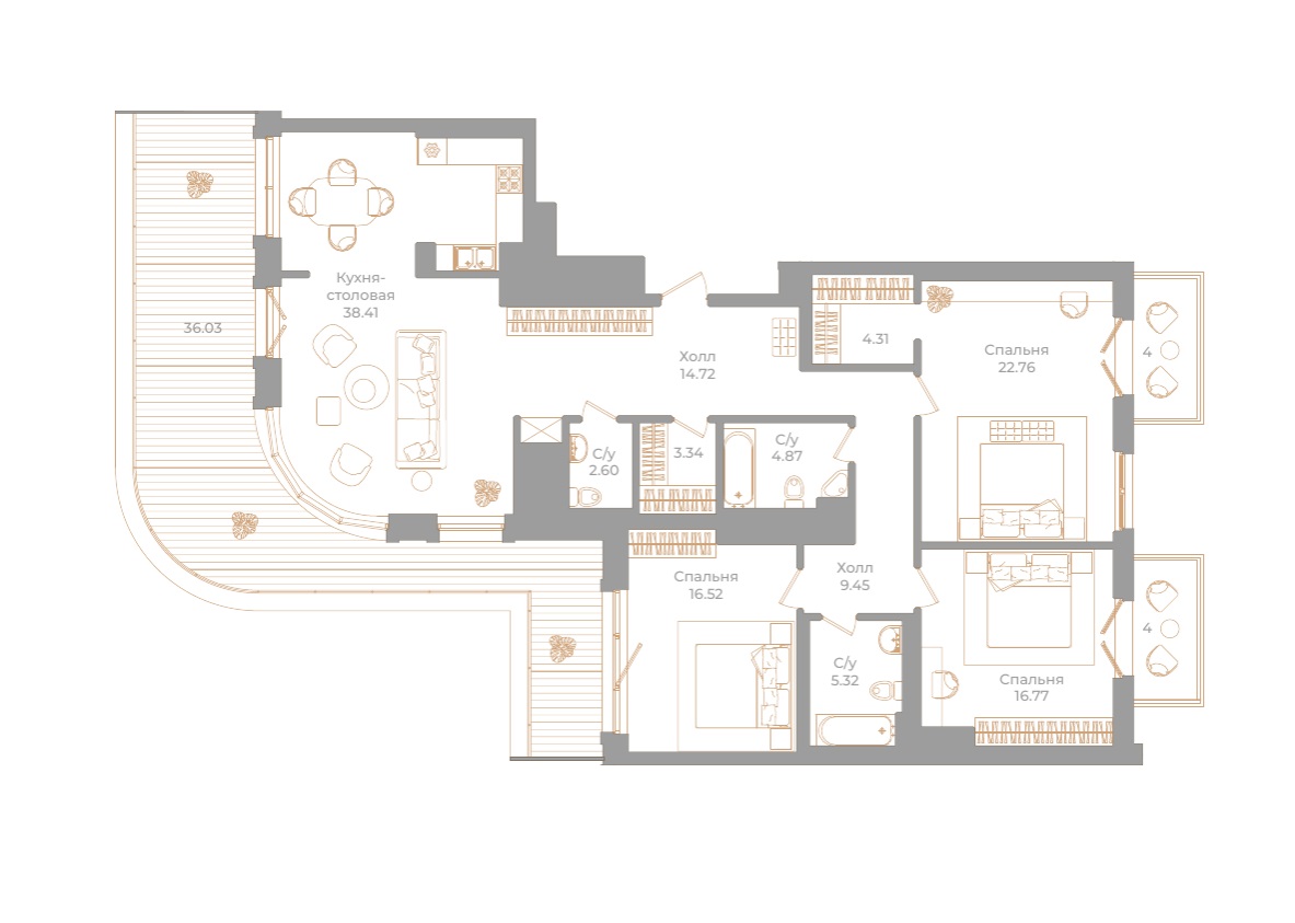 3-комнатная квартира  №76 в Фонтанка, 130: 152.28 м², этаж 7 - купить в Санкт-Петербурге