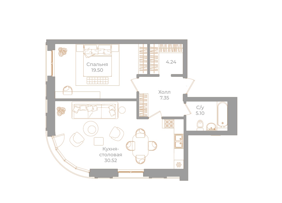 1-комнатная квартира  №105 в Фонтанка, 130: 66.71 м², этаж 5 - купить в Санкт-Петербурге