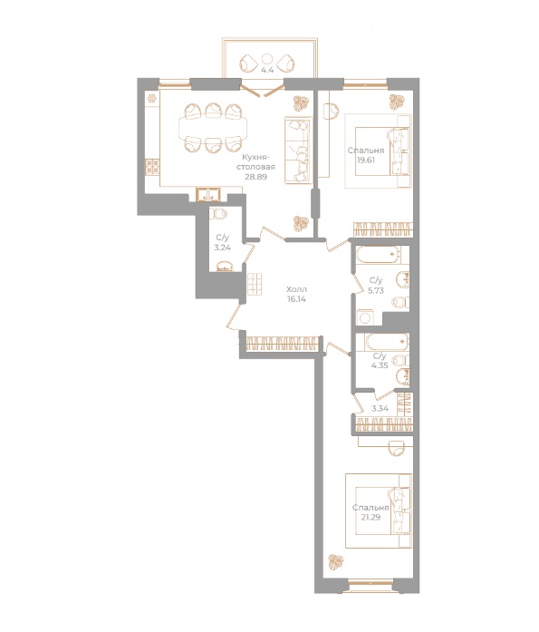 2-комнатная квартира  №23 в Фонтанка, 130: 103.91 м², этаж 4 - купить в Санкт-Петербурге