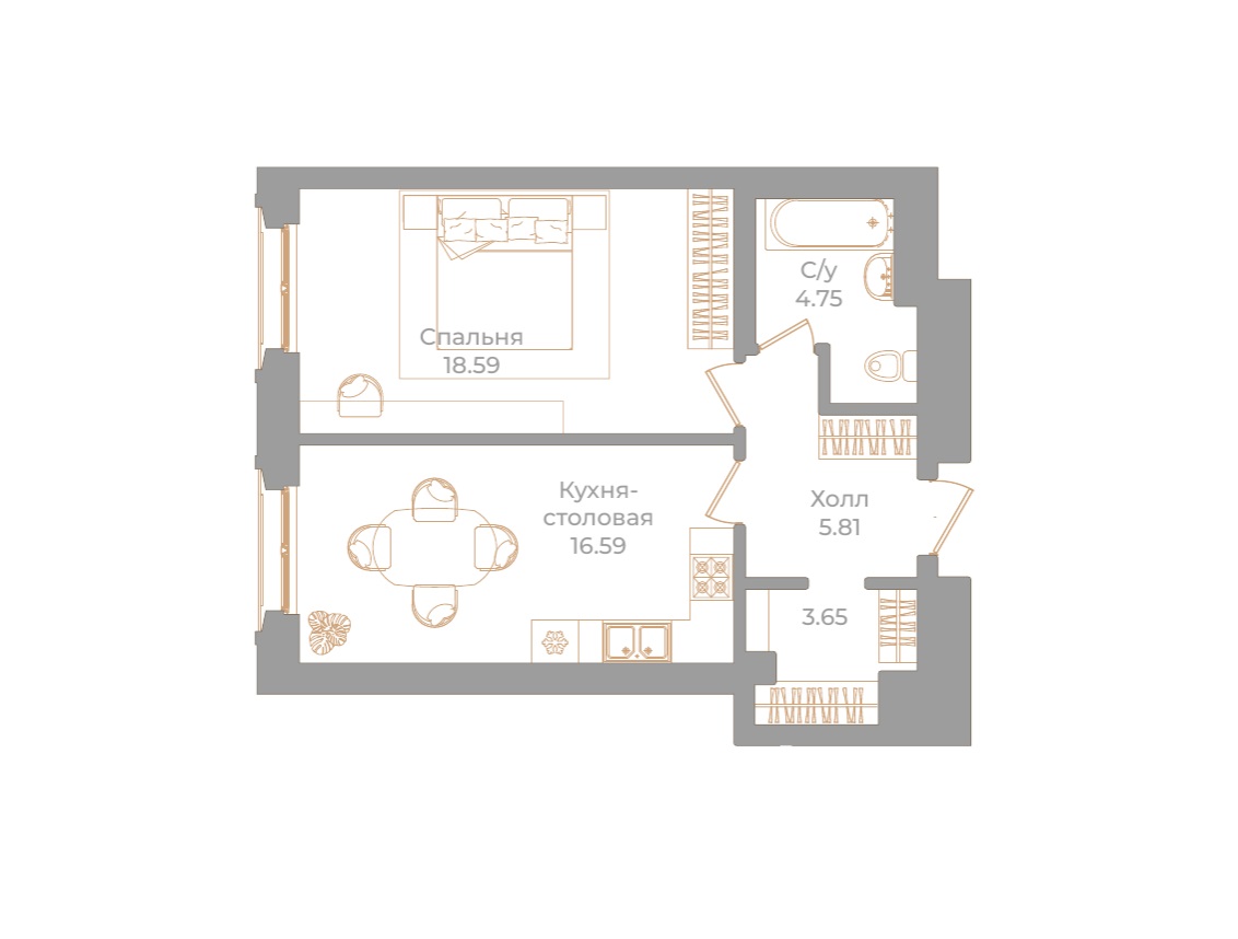 1-комнатная квартира  №68 в Фонтанка, 130: 49.39 м², этаж 4 - купить в Санкт-Петербурге
