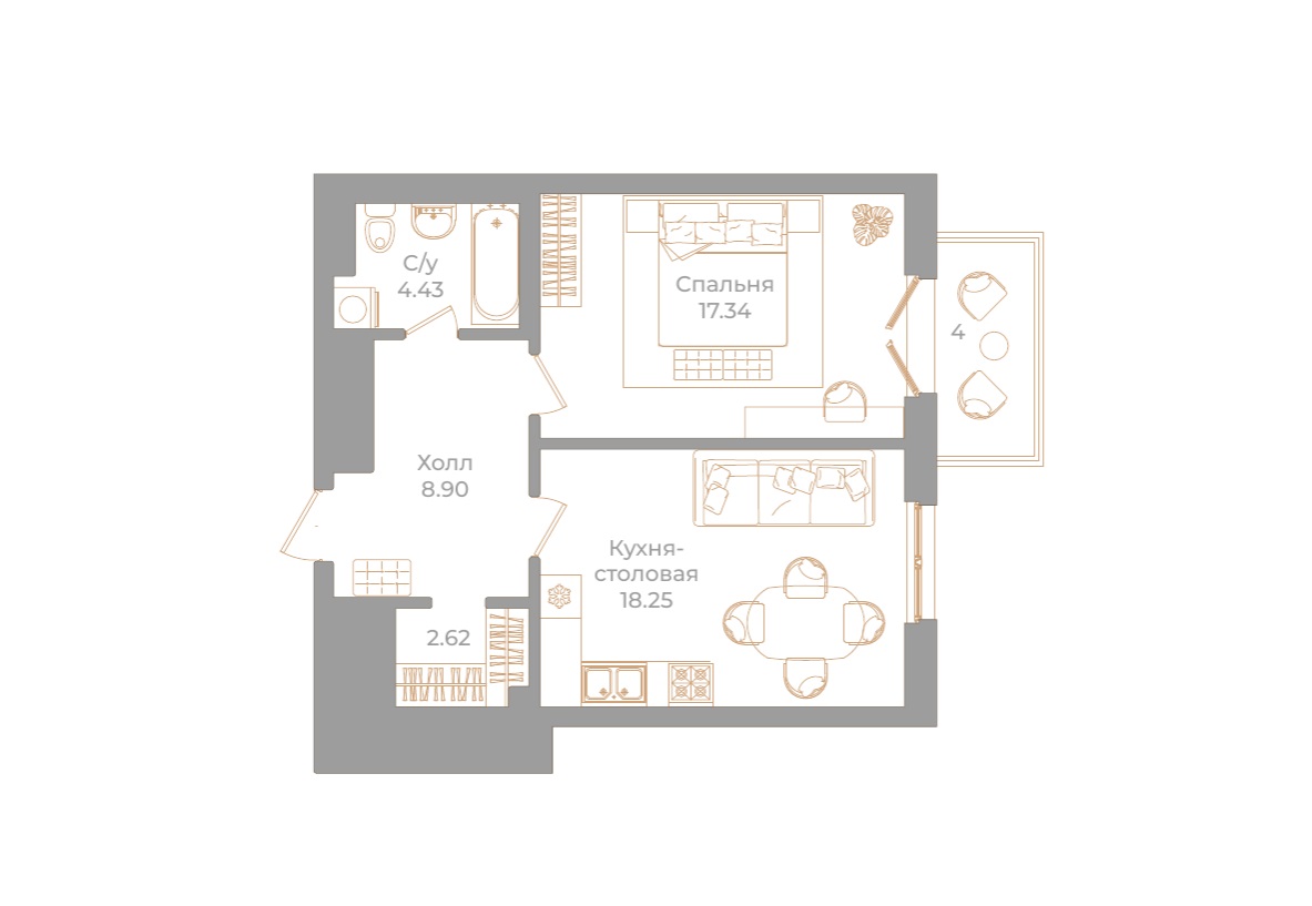 1-комнатная квартира  №109 в Фонтанка, 130: 52.74 м², этаж 5 - купить в Санкт-Петербурге