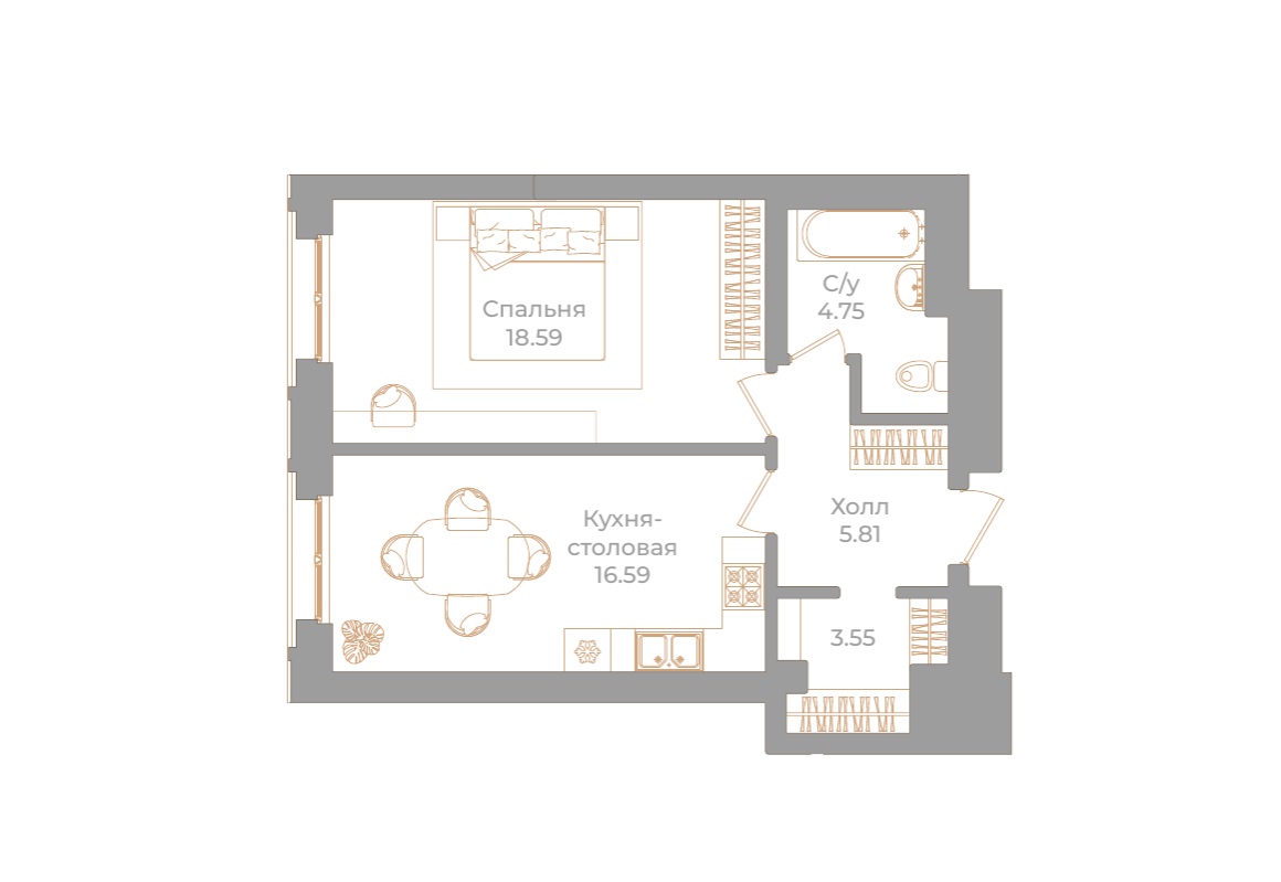 1-комнатная квартира №130 в: Фонтанка, 130: 49.29 м²; этаж: 5 - купить в Санкт-Петербурге