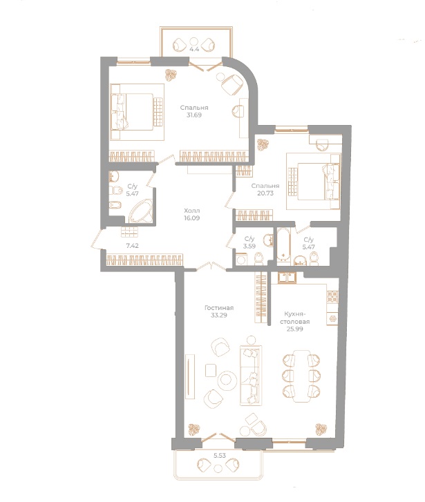 3-комнатная квартира №130 в: Фонтанка, 130: 152.72 м²; этаж: 5 - купить в Санкт-Петербурге