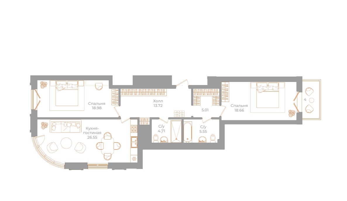 2-комнатная квартира №130 в: Фонтанка, 130: 94.39 м²; этаж: 6 - купить в Санкт-Петербурге