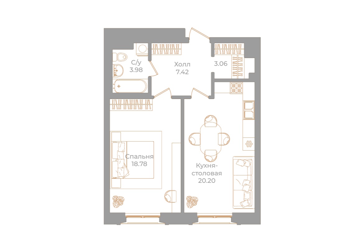 1-комнатная квартира №130 в: Фонтанка, 130: 53.44 м²; этаж: 4 - купить в Санкт-Петербурге