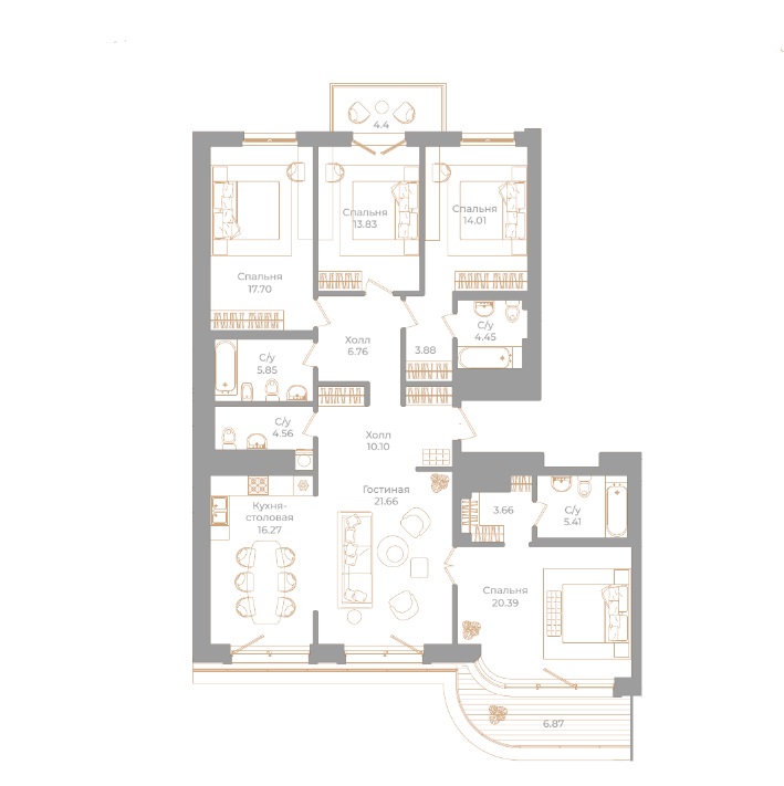 5-комнатная квартира  №33 в Фонтанка, 130: 151.91 м², этаж 7 - купить в Санкт-Петербурге