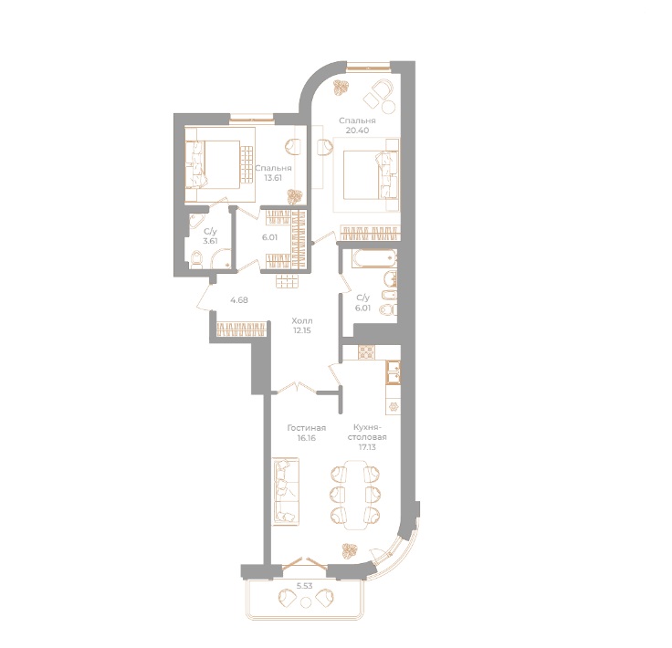3-комнатная квартира  №49 в Фонтанка, 130: 101.26 м², этаж 5 - купить в Санкт-Петербурге