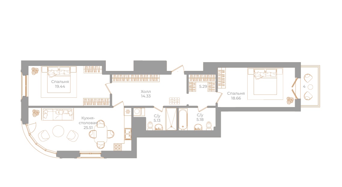 1-комнатная квартира  №67 в Фонтанка, 130: 94.74 м², этаж 4 - купить в Санкт-Петербурге