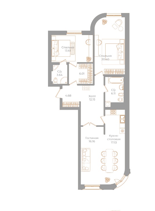 3-комнатная квартира  №44 в Фонтанка, 130: 99.73 м², этаж 4 - купить в Санкт-Петербурге