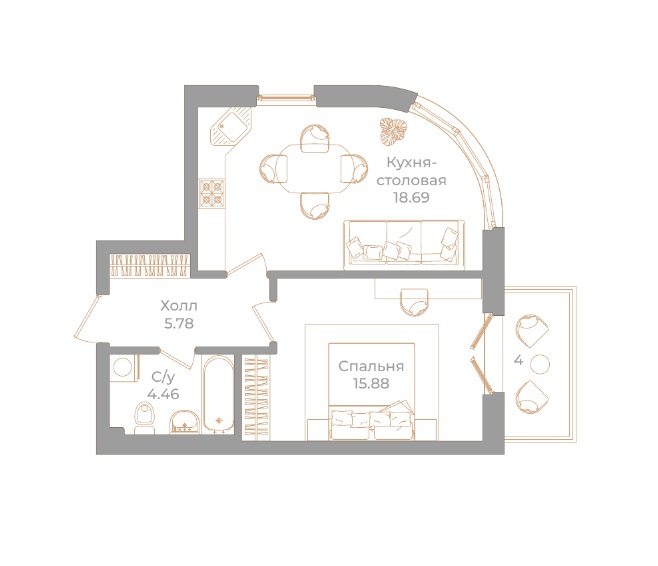 1-комнатная квартира, 46.01 м²; этаж: 2 - купить в Санкт-Петербурге